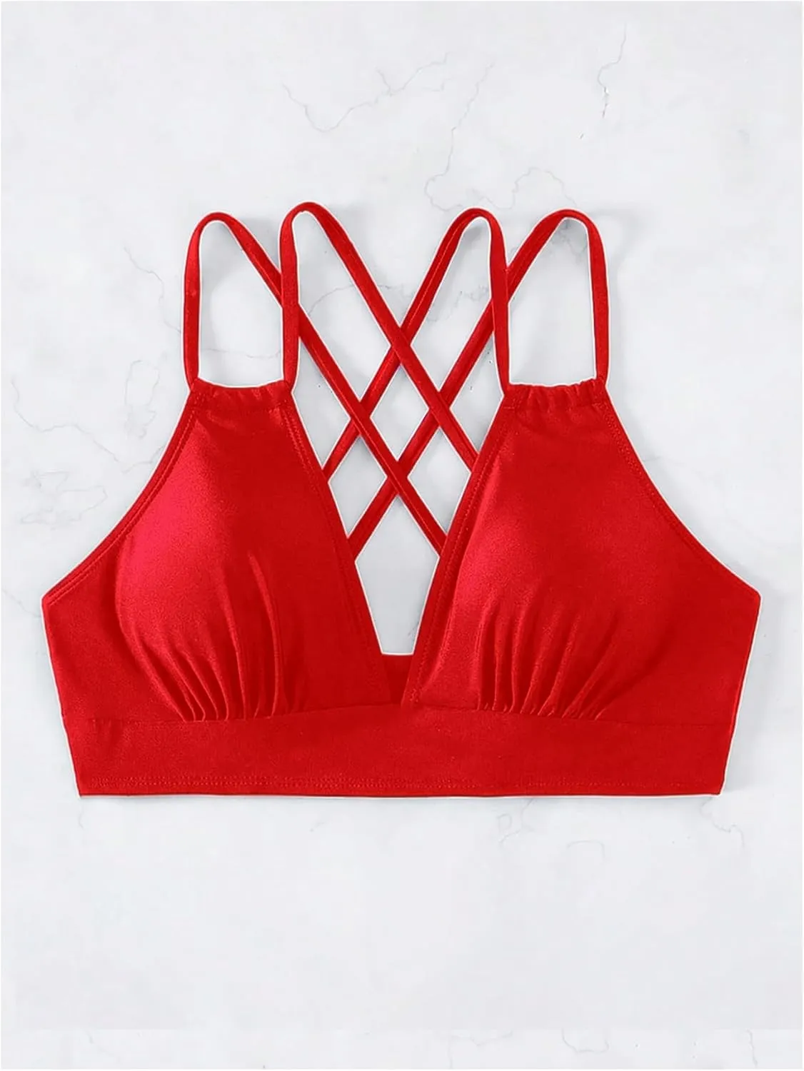 SOLY HUX Women's Bikini Tops V Neck Criss Cross Back Spaghetti Strap Padded Bathing Suit Swim Top Only