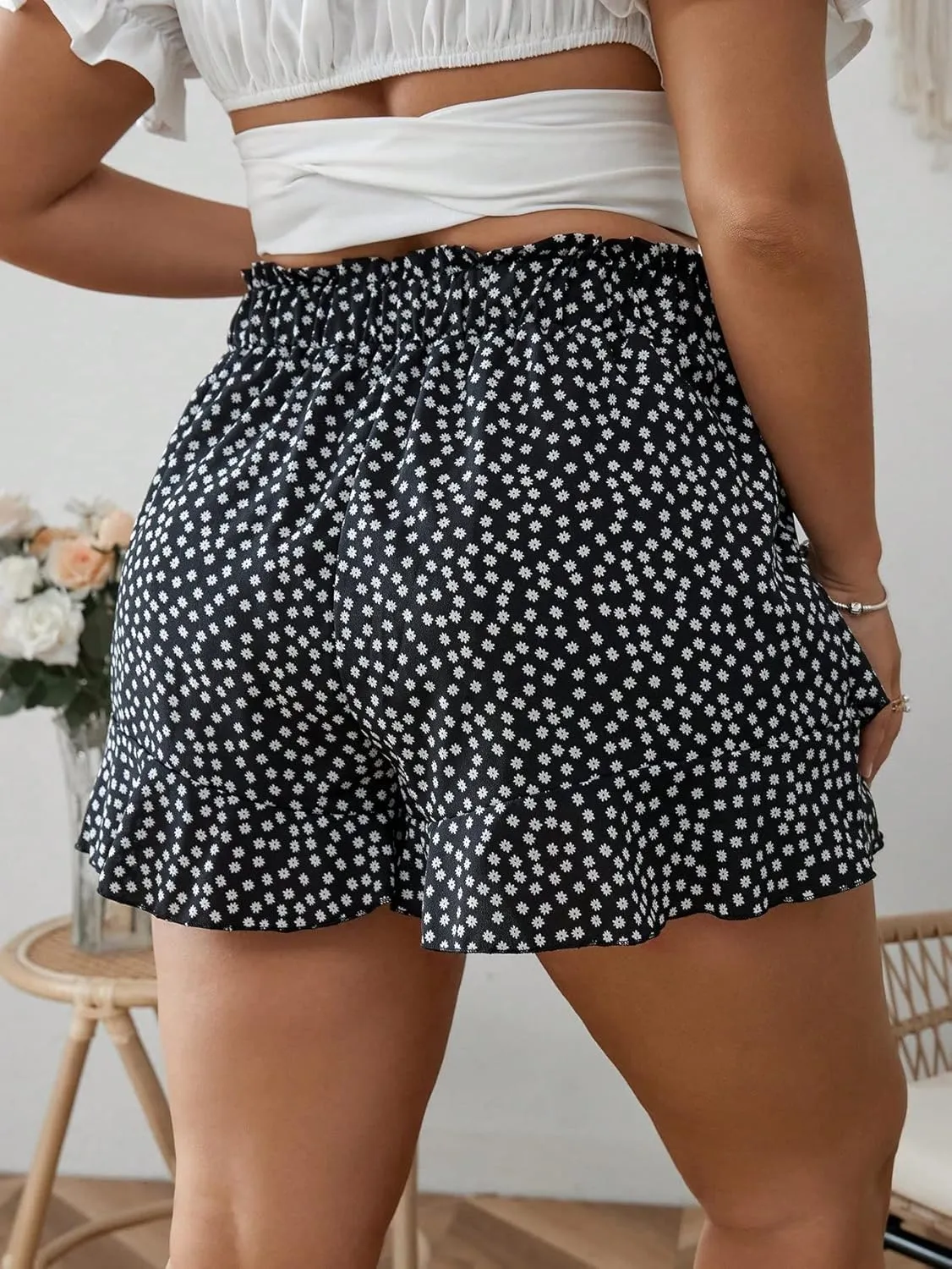 SOLY HUX Women's Plus Size Ditsy Floral Print Shirred Elastic High Waisted Wide Leg Skorts Skirt