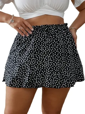 SOLY HUX Women's Plus Size Ditsy Floral Print Shirred Elastic High Waisted Wide Leg Skorts Skirt