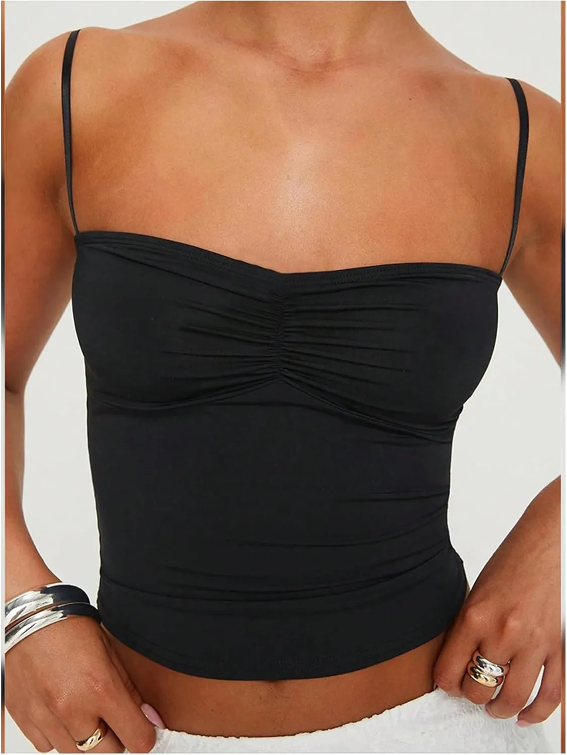 SOLY HUX Women's Ruched Cami Crop Tops Spaghetti Strap Slim Fit Solid Camisole