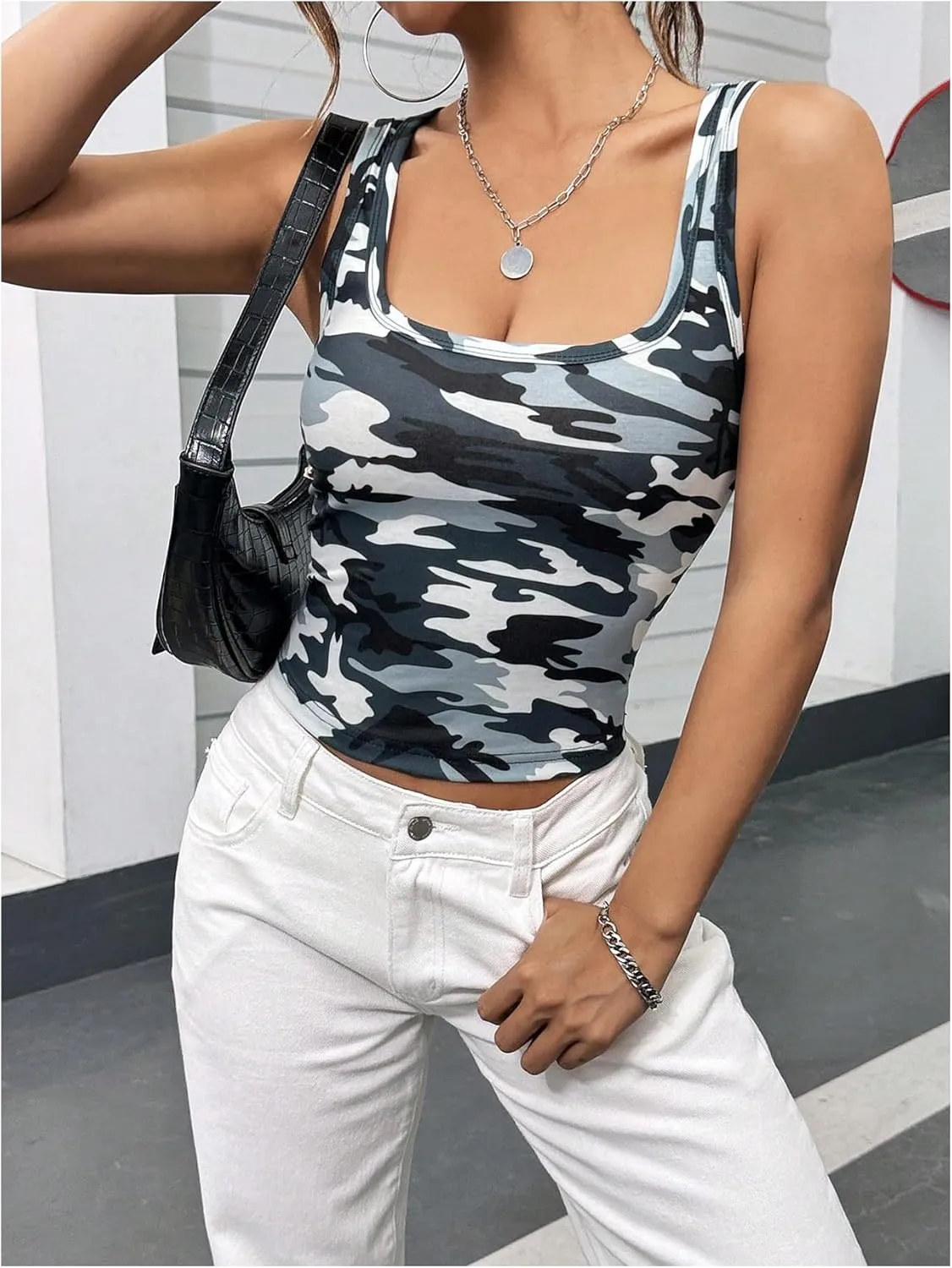 SOLY HUX Women's Square Neck Tank Top Sleeveless Slim Fit Shirts Camo Vest Tops