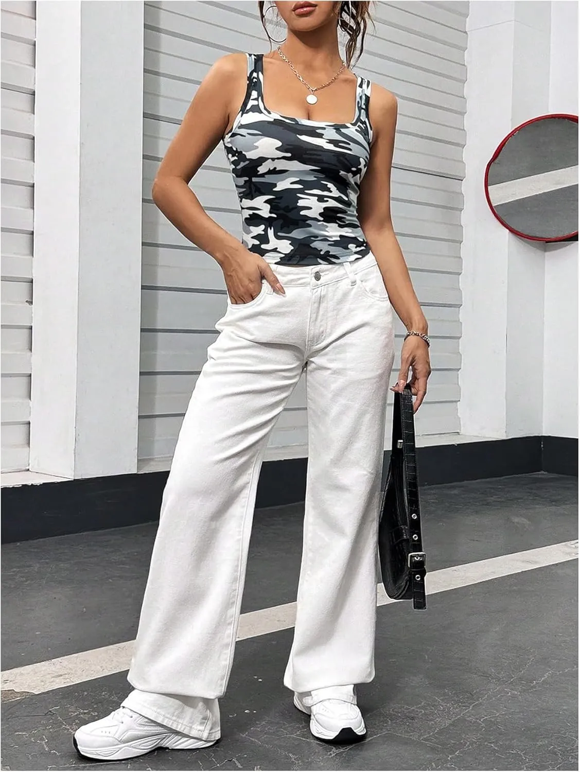 SOLY HUX Women's Square Neck Tank Top Sleeveless Slim Fit Shirts Camo Vest Tops