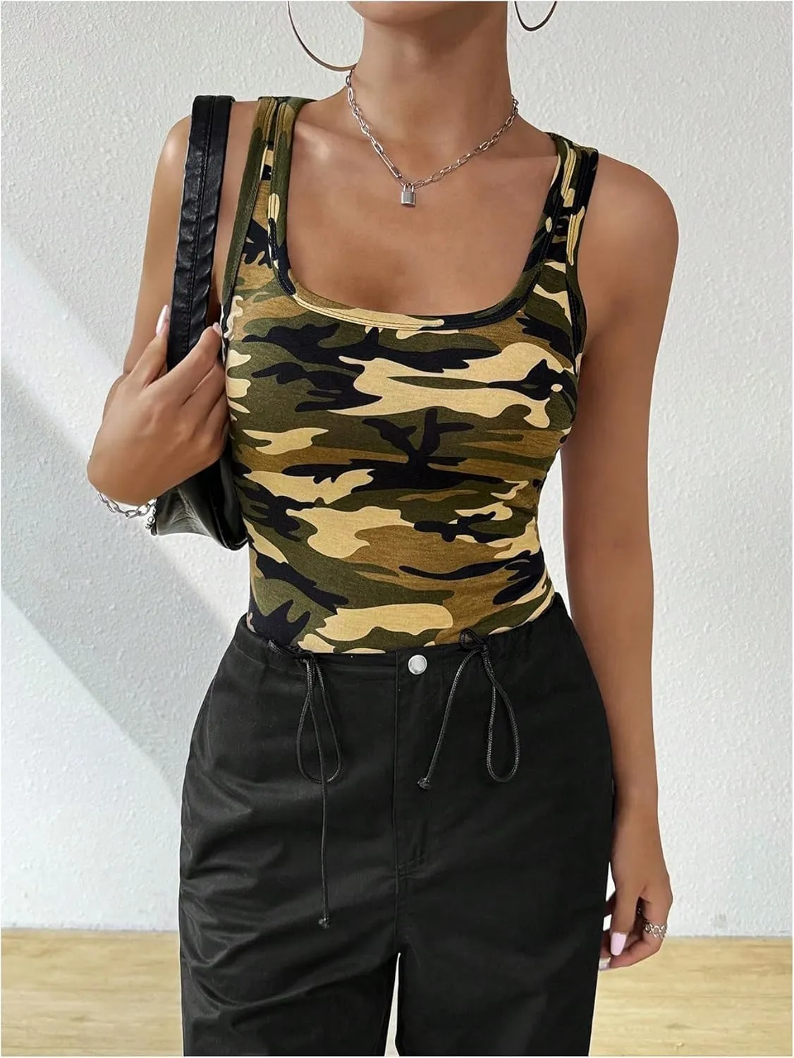 SOLY HUX Women's Square Neck Tank Top Sleeveless Slim Fit Shirts Camo Vest Tops