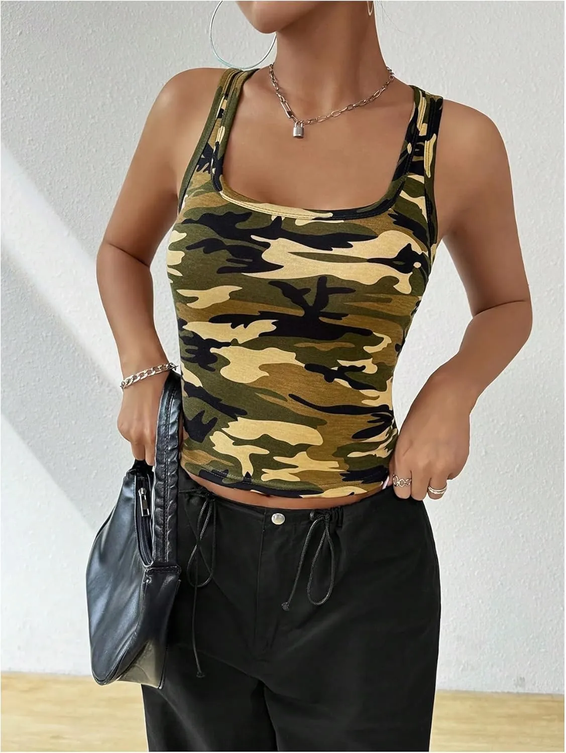 SOLY HUX Women's Square Neck Tank Top Sleeveless Slim Fit Shirts Camo Vest Tops