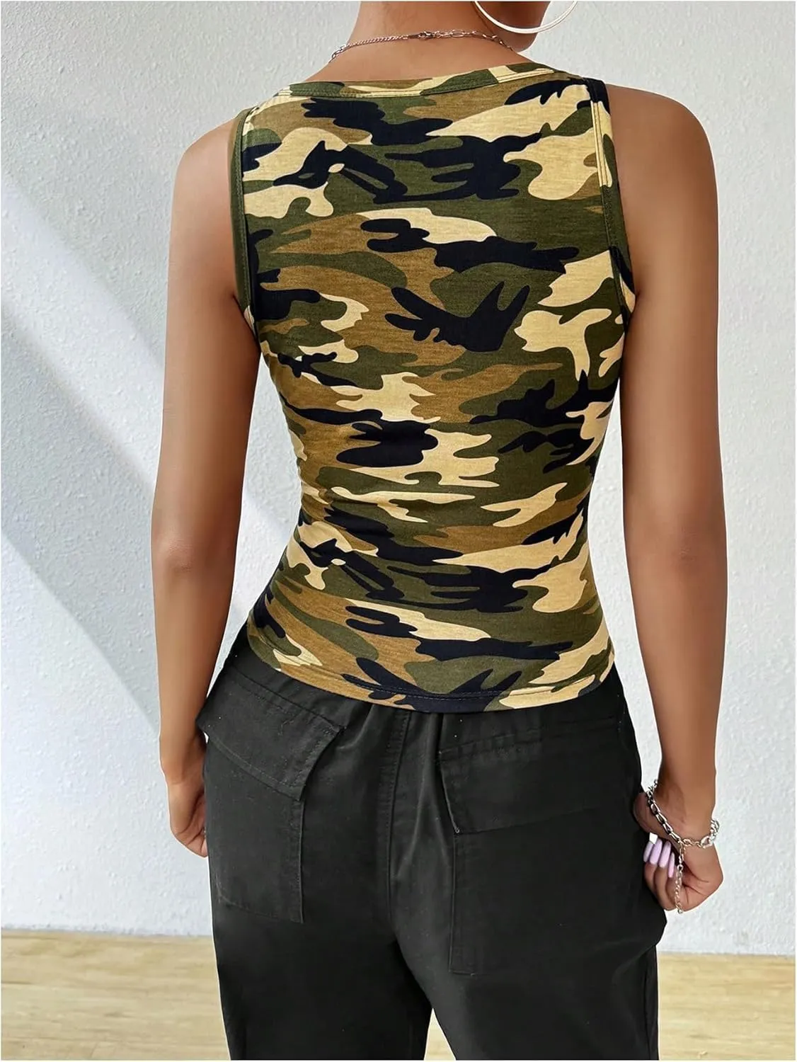 SOLY HUX Women's Square Neck Tank Top Sleeveless Slim Fit Shirts Camo Vest Tops