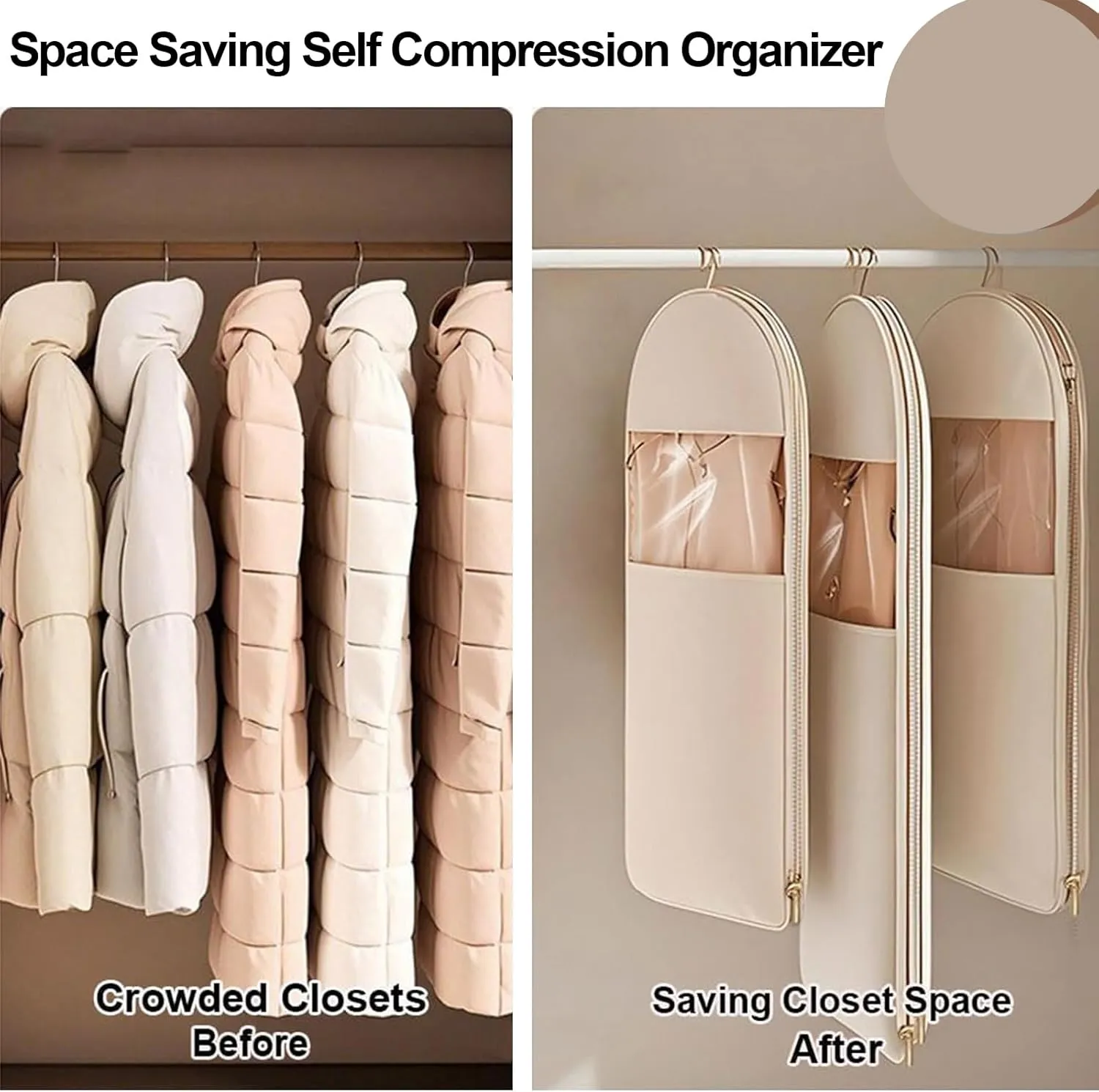 Space Saving Hanging Garment Bag with Self Compression Zipper, 2025 New Space Saver Closet Organizers, Heavy Duty Dust Cover Clothes Bags for Down Coat (Pink, M-35.4 * 22.8 * 5.9in)