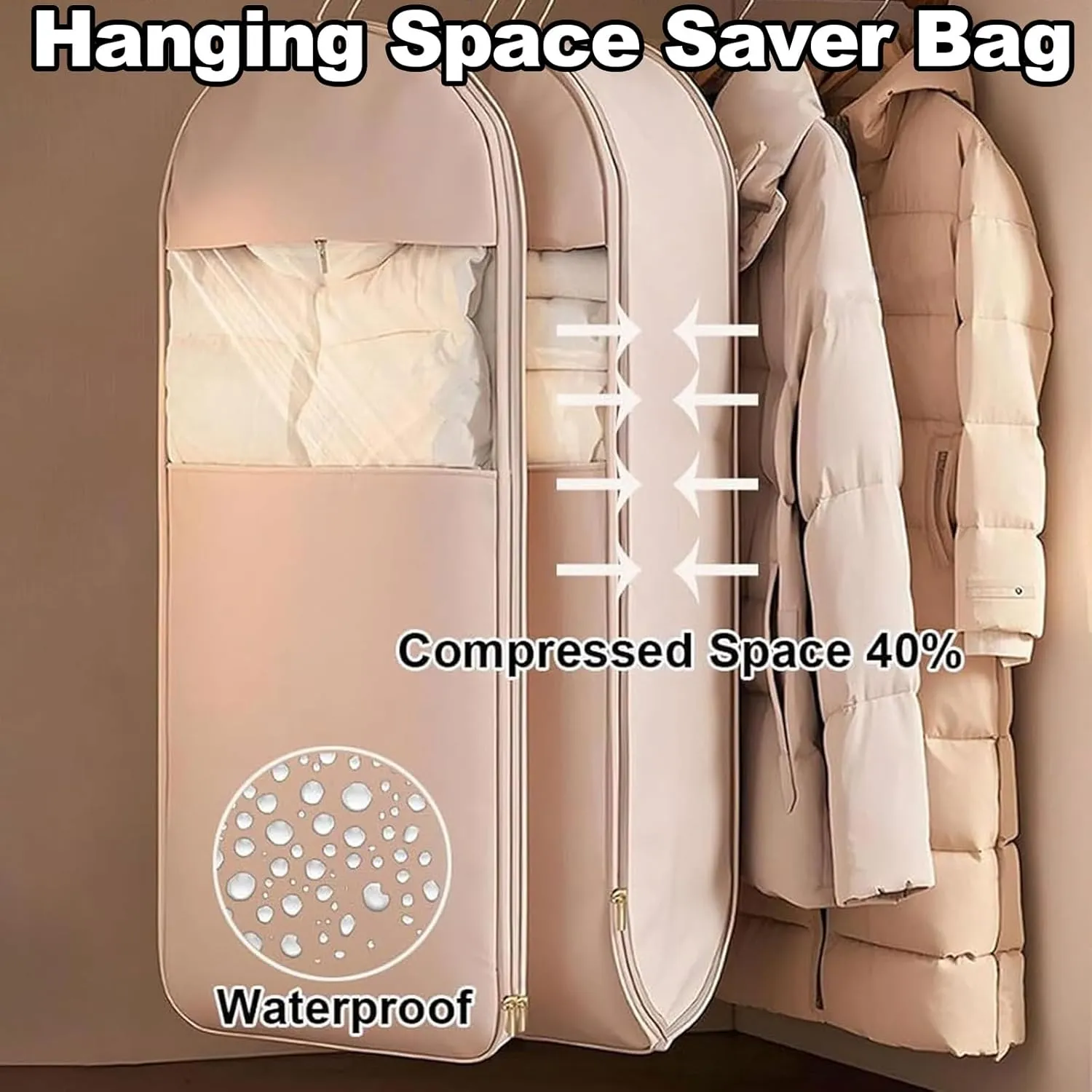 Space Saving Hanging Garment Bag with Self Compression Zipper, 2025 New Space Saver Closet Organizers, Heavy Duty Dust Cover Clothes Bags for Down Coat (Pink, M-35.4 * 22.8 * 5.9in)