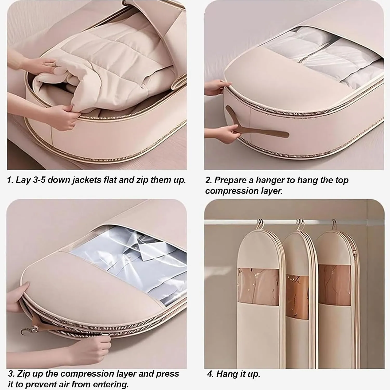 Space Saving Hanging Garment Bag with Self Compression Zipper, 2025 New Space Saver Closet Organizers, Heavy Duty Dust Cover Clothes Bags for Down Coat (Pink, M-35.4 * 22.8 * 5.9in)