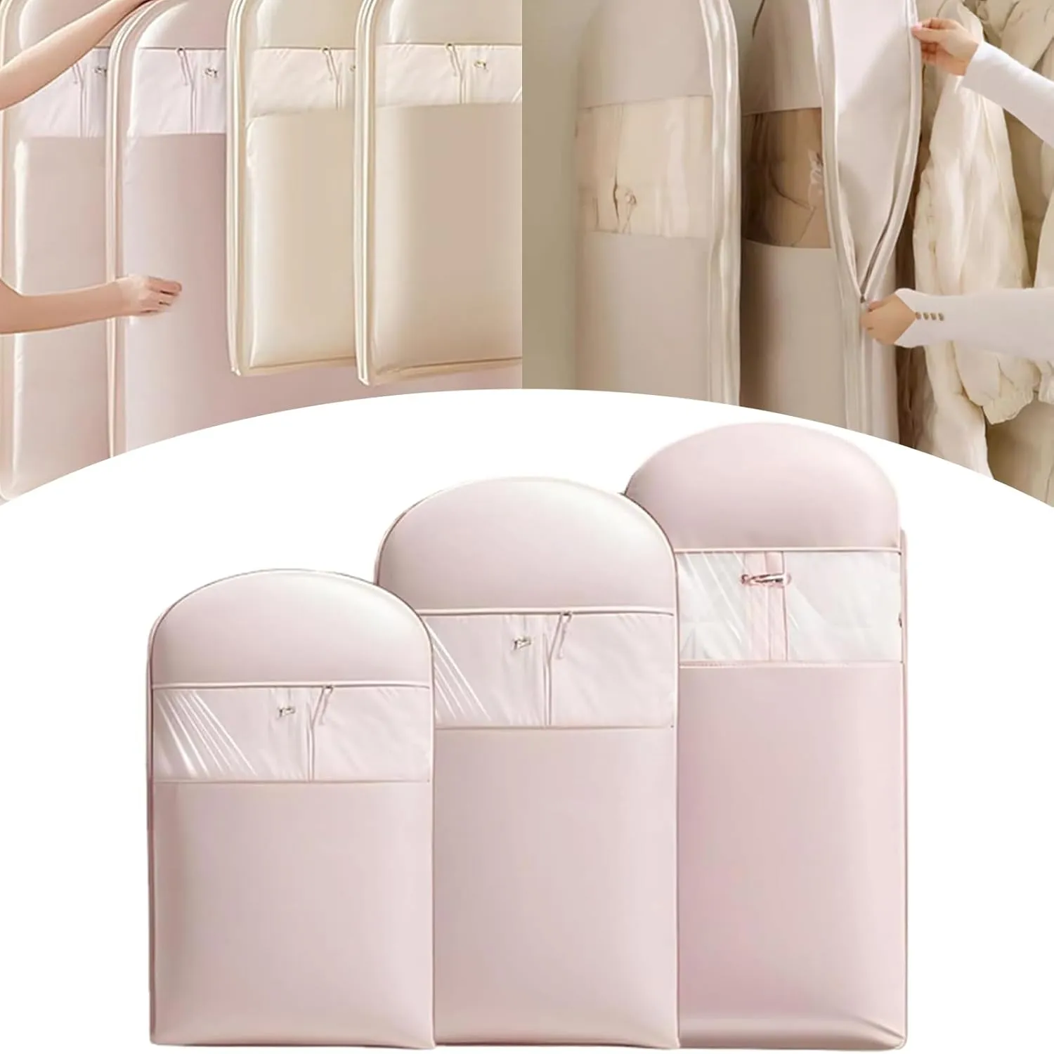 Space Saving Hanging Garment Bag with Self Compression Zipper, 2025 New Space Saver Closet Organizers, Heavy Duty Dust Cover Clothes Bags for Down Coat (Pink, M-35.4 * 22.8 * 5.9in)