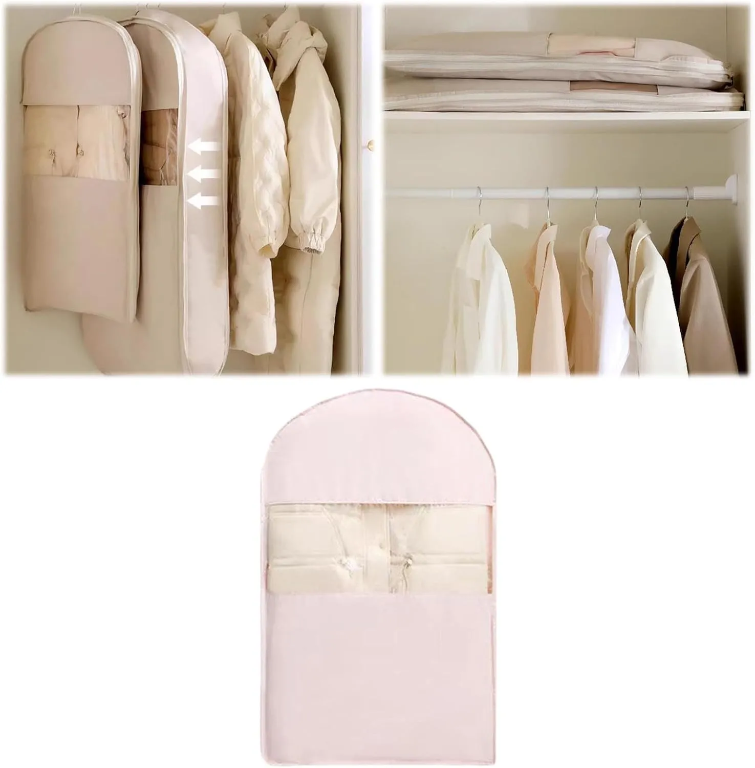 Space Saving Hanging Garment Bag with Self Compression Zipper,Space Hanging Garment Bags for Closet Storage,Water Prevention (Pink, S)