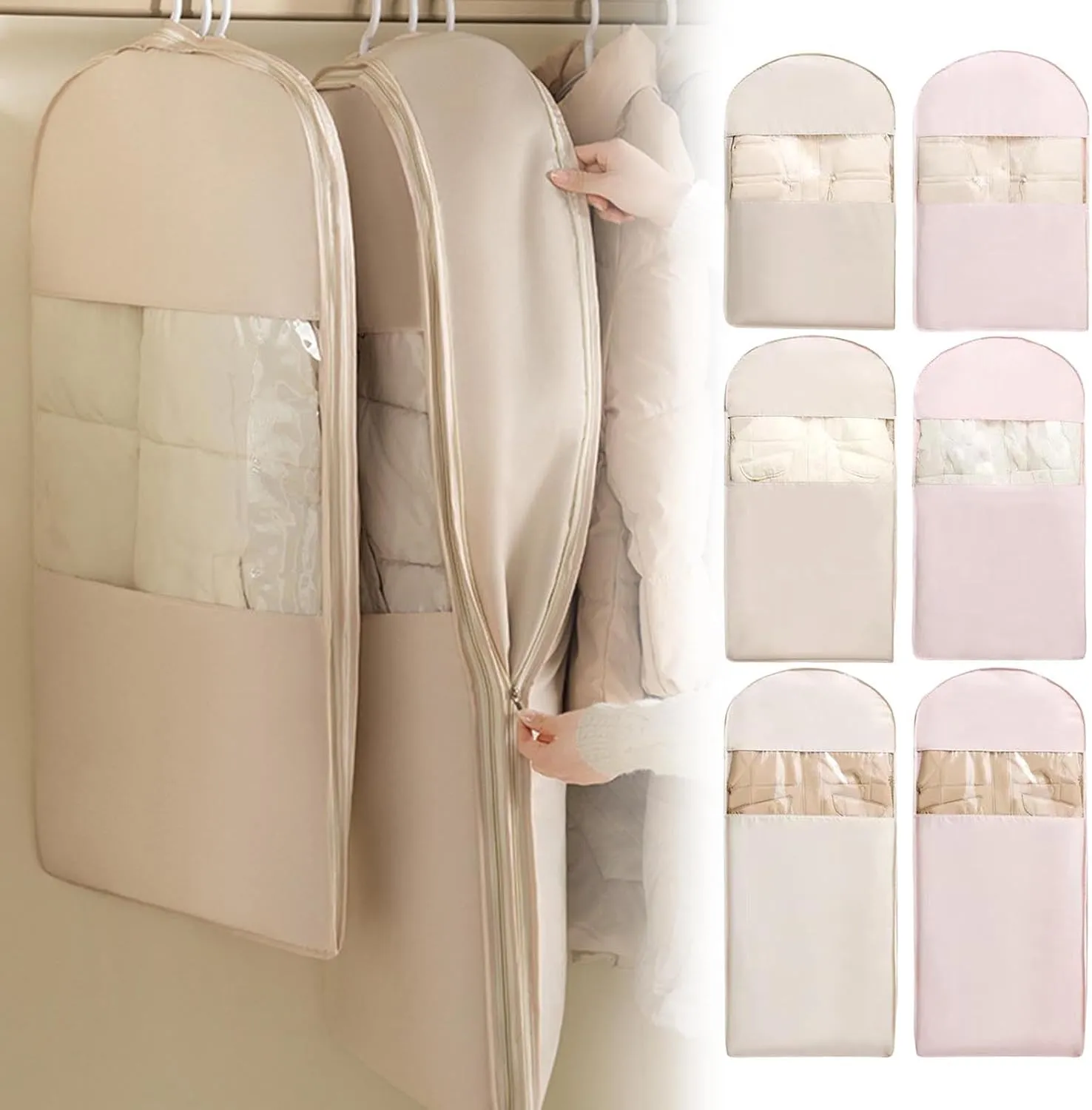 Space Saving Hanging Garment Bag with Self Compression Zipper,Space Hanging Garment Bags for Closet Storage,Water Prevention (Pink, S)