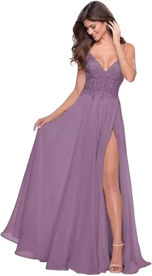 Spaghetti Straps Chiffon Bridesmaid Dresses Side Slit Long Lace Applique V-Neck Formal Evening Party Gowns