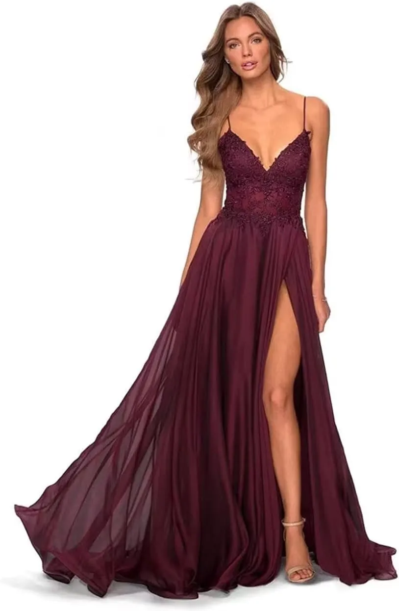 Spaghetti Straps Chiffon Bridesmaid Dresses Side Slit Long Lace Applique V-Neck Formal Evening Party Gowns