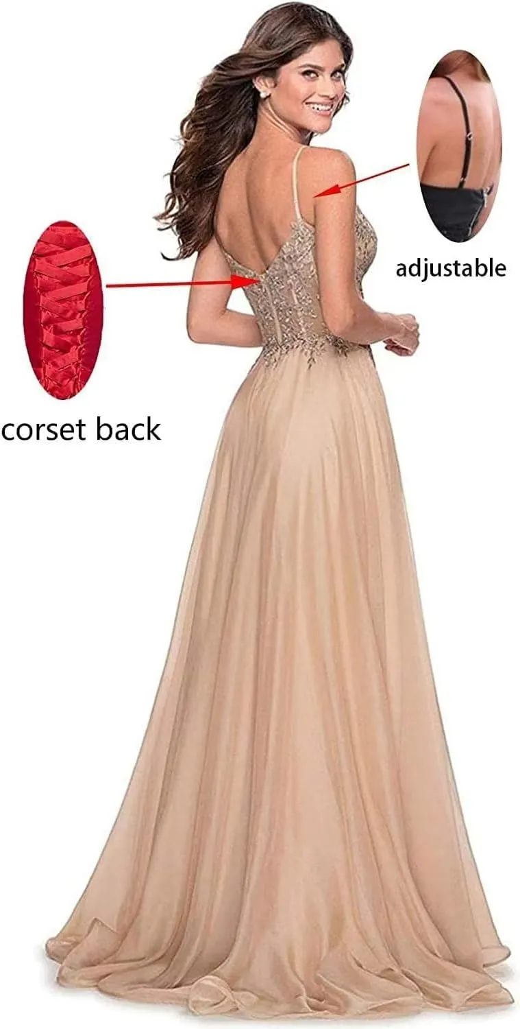 Spaghetti Straps Chiffon Bridesmaid Dresses Side Slit Long Lace Applique V-Neck Formal Evening Party Gowns