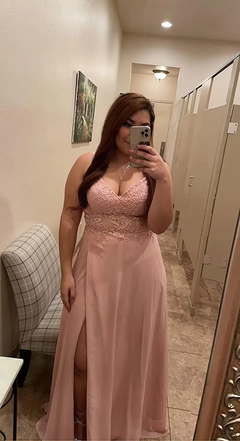 Spaghetti Straps Chiffon Bridesmaid Dresses Side Slit Long Lace Applique V-Neck Formal Evening Party Gowns