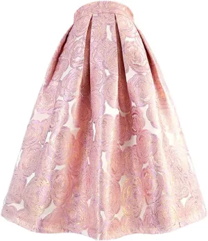 Spring Summer Korean Vintage Women Pink Tulip Floral Print High Waist Pleated Midi Skirt