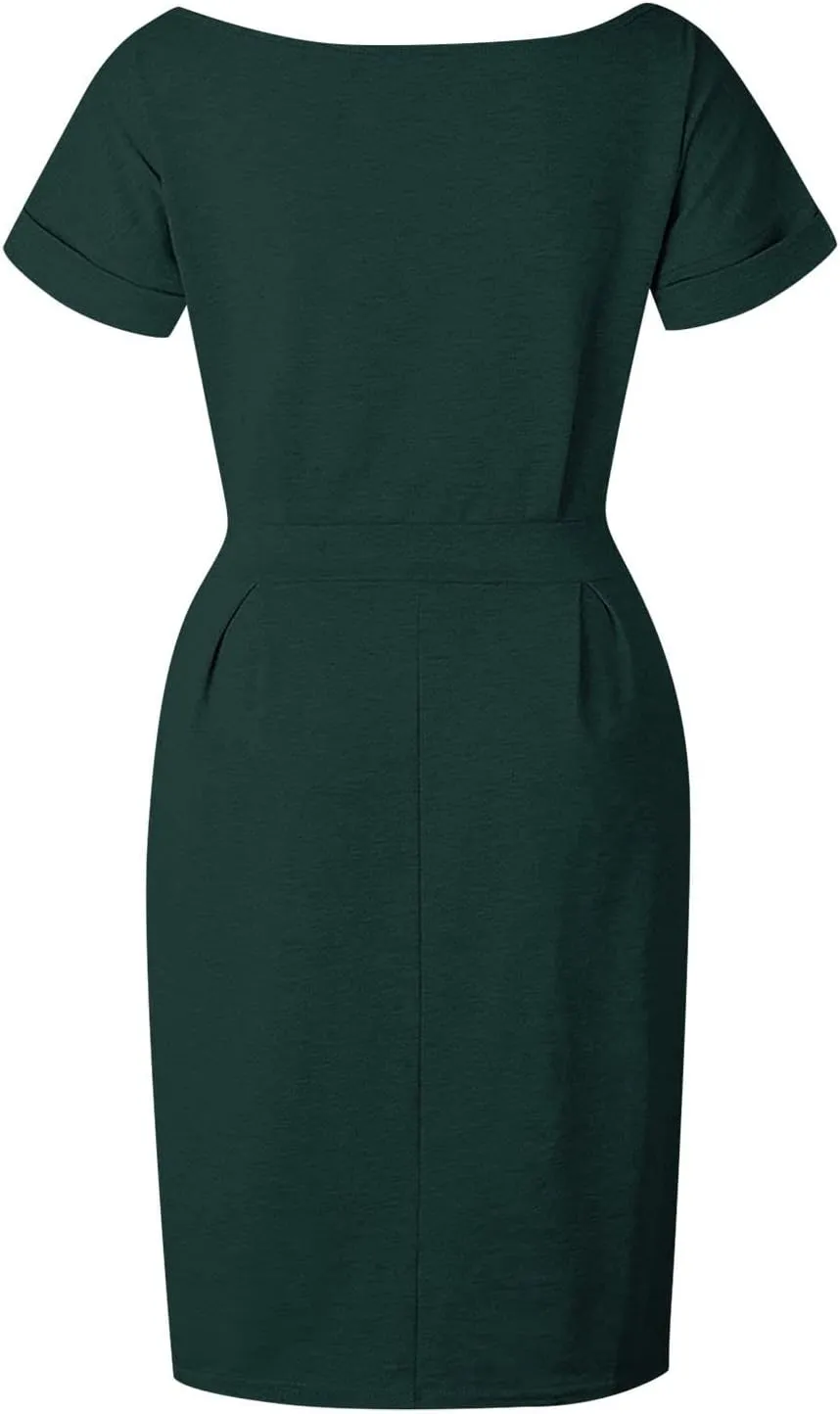Striped Dress For Women Summer Short Sleeve Crewneck Dress Basic Solid Tie Waist Office T Shirt Dress With Pockets