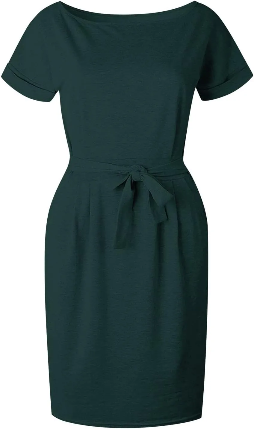 Striped Dress For Women Summer Short Sleeve Crewneck Dress Basic Solid Tie Waist Office T Shirt Dress With Pockets