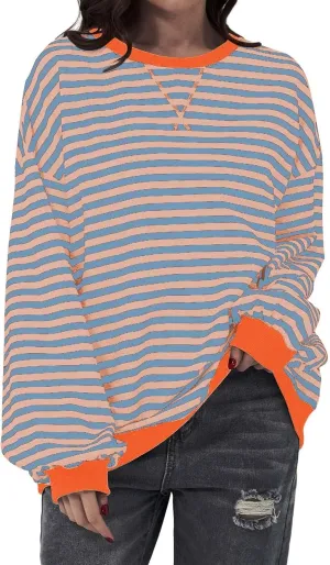 Striped Shirt Colorblock Sweatshirt Women Oversized Sweatshirt Long Sleeve Shirts Fall Outfits for Women 2024
