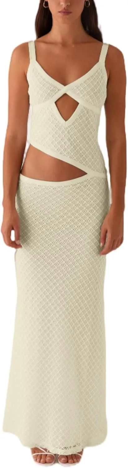 Summer Cut Out Long Dresses for Women Spaghetti Strap Bodycon Maxi Dress Backless V Neck Sleeveless Beach Sundresses