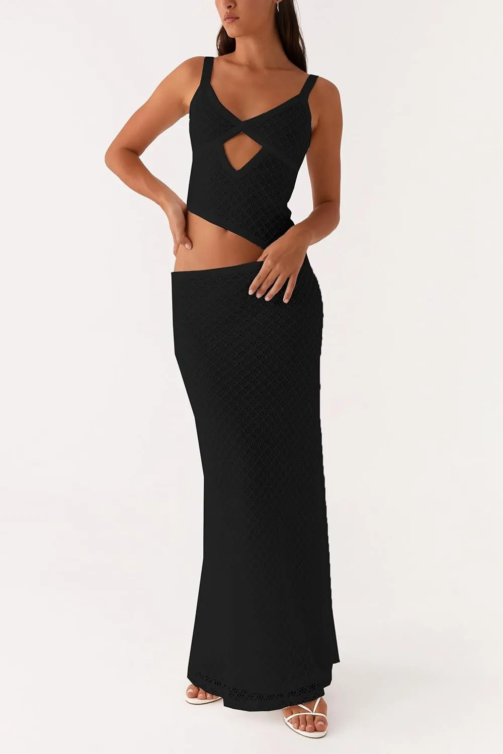 Summer Cut Out Long Dresses for Women Spaghetti Strap Bodycon Maxi Dress Backless V Neck Sleeveless Beach Sundresses