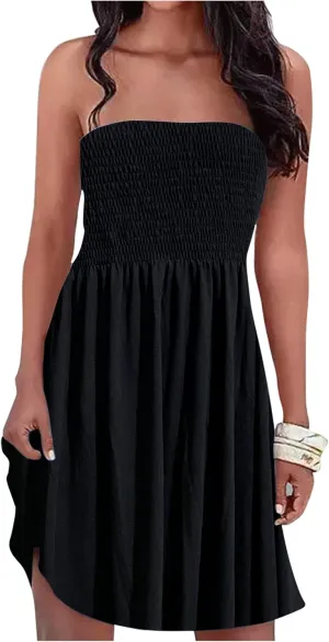 Summer Dress for Women Beach Floral Cover Ups Spaghetti Strap Sundress Smocked Strapless A-Line Mini Dresses