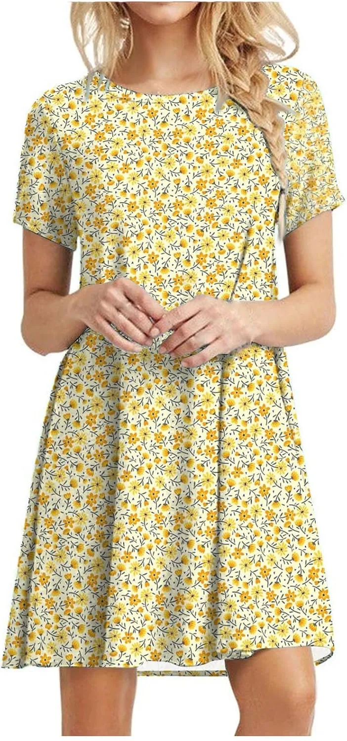 Summer Dresses for Women 2023 Casual Floral Crew Neck A-line Short Sleeve Sundresses for Beach Vacation