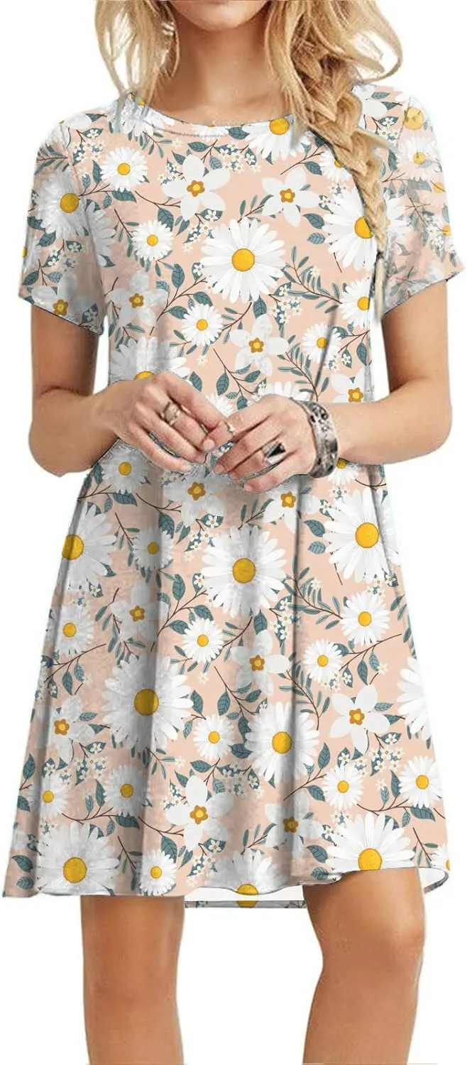 Summer Dresses for Women 2023 Casual Floral Crew Neck A-line Short Sleeve Sundresses for Beach Vacation