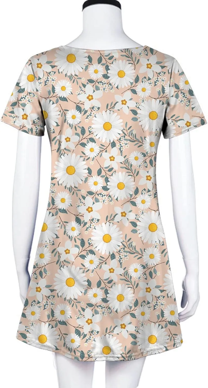 Summer Dresses for Women 2023 Casual Floral Crew Neck A-line Short Sleeve Sundresses for Beach Vacation