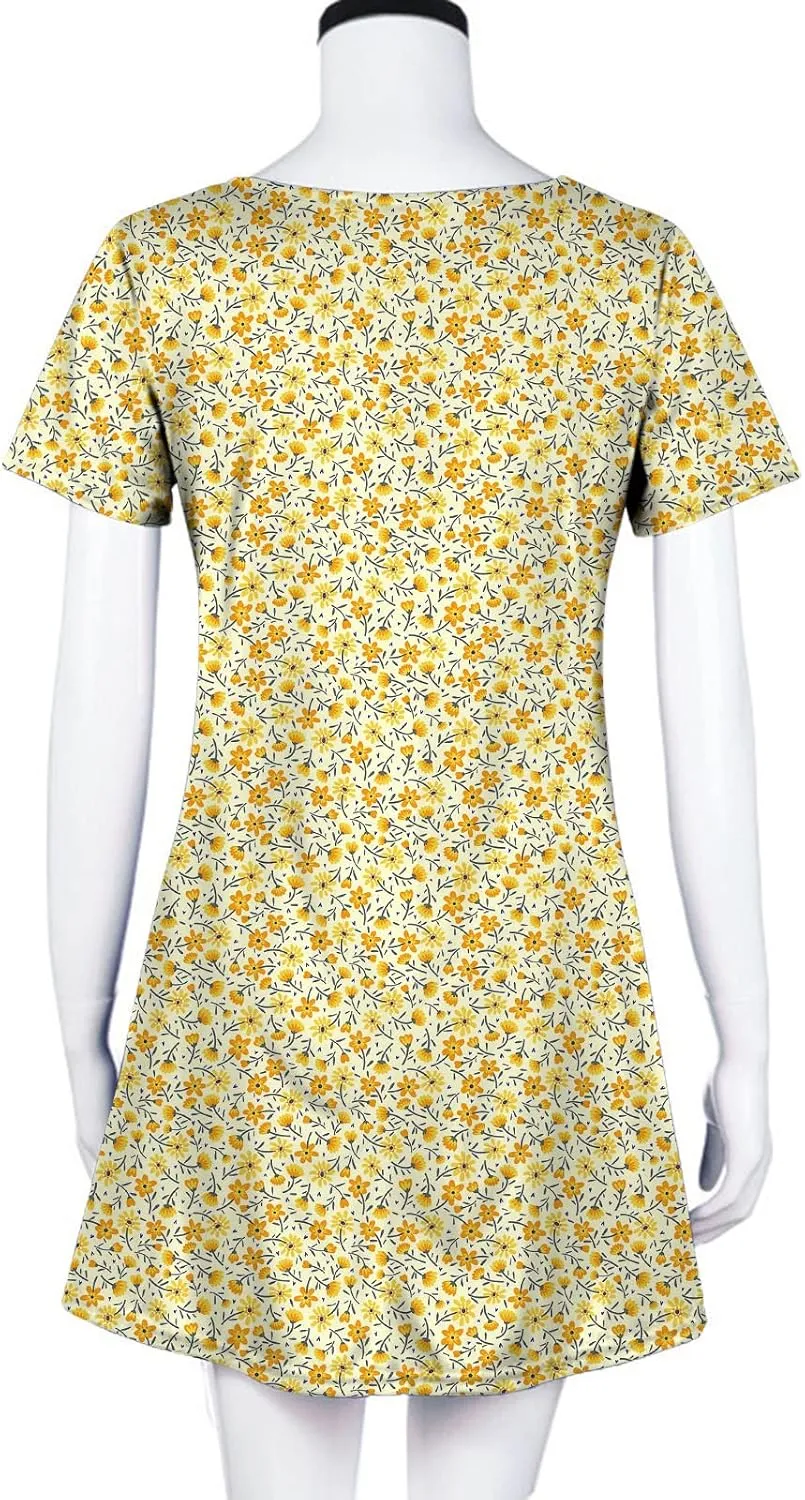 Summer Dresses for Women 2023 Casual Floral Crew Neck A-line Short Sleeve Sundresses for Beach Vacation
