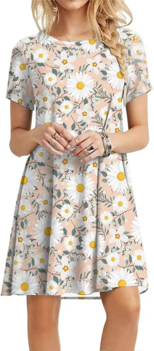 Summer Dresses for Women 2023 Casual Floral Crew Neck A-line Short Sleeve Sundresses for Beach Vacation