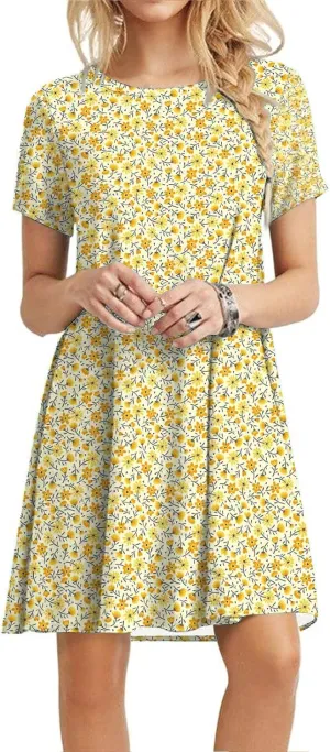 Summer Dresses for Women 2023 Casual Floral Crew Neck A-line Short Sleeve Sundresses for Beach Vacation