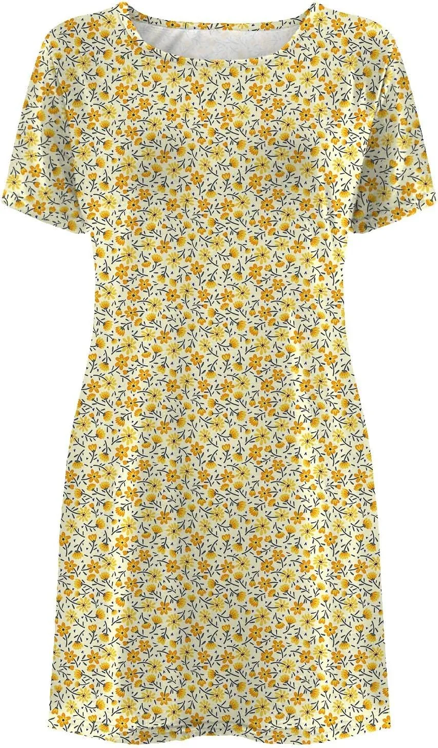 Summer Dresses for Women 2023 Casual Floral Crew Neck A-line Short Sleeve Sundresses for Beach Vacation