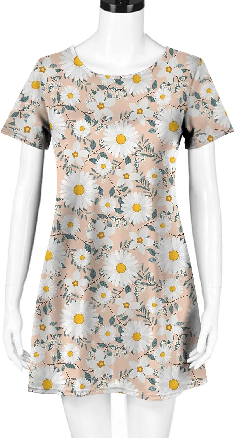 Summer Dresses for Women 2023 Casual Floral Crew Neck A-line Short Sleeve Sundresses for Beach Vacation