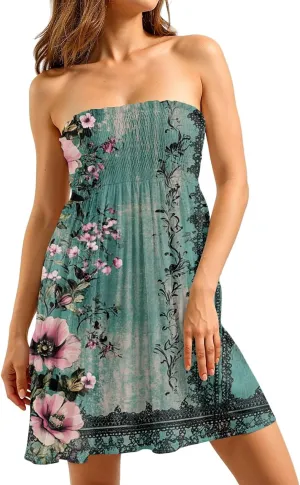 Summer Dresses for Women Strapless Beach Dress Cover Up Boho Floral Print Tube Top Sundress