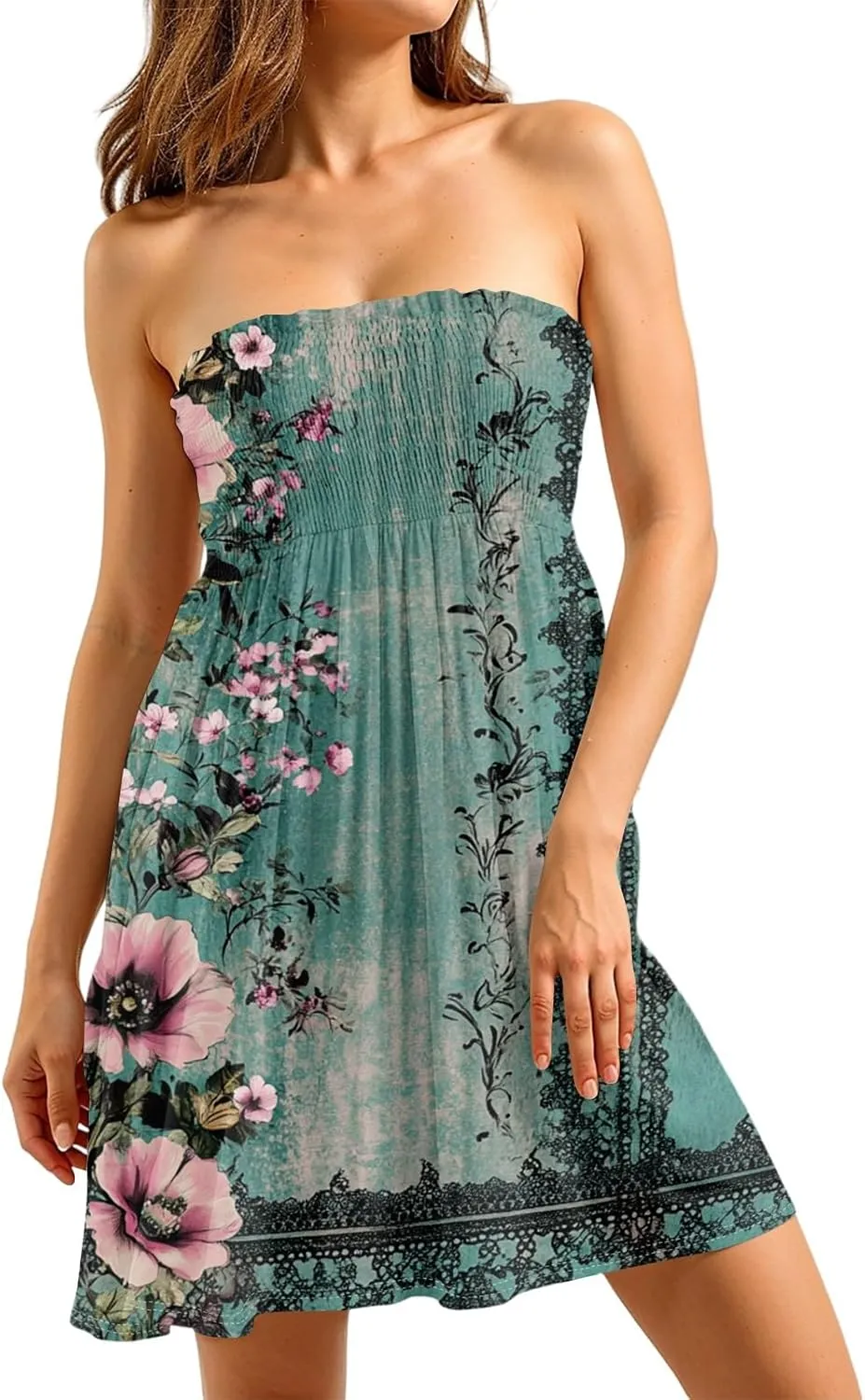 Summer Dresses for Women Strapless Beach Dress Cover Up Boho Floral Print Tube Top Sundress