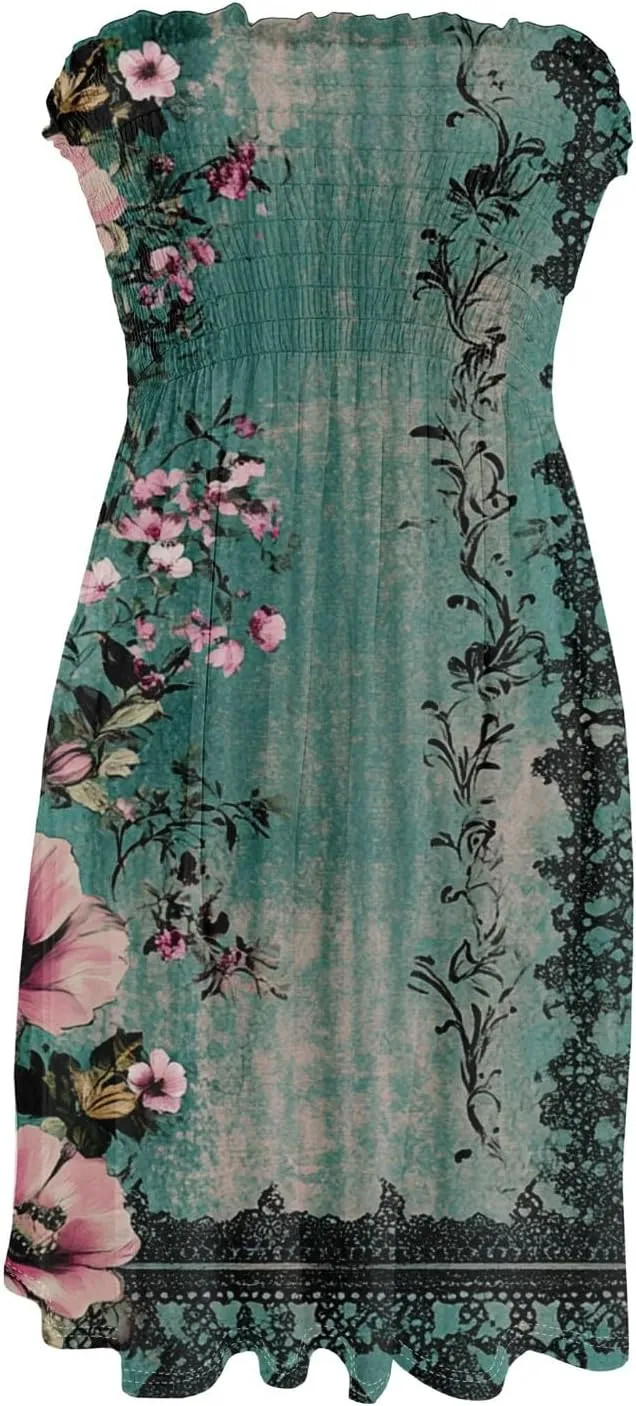 Summer Dresses for Women Strapless Beach Dress Cover Up Boho Floral Print Tube Top Sundress