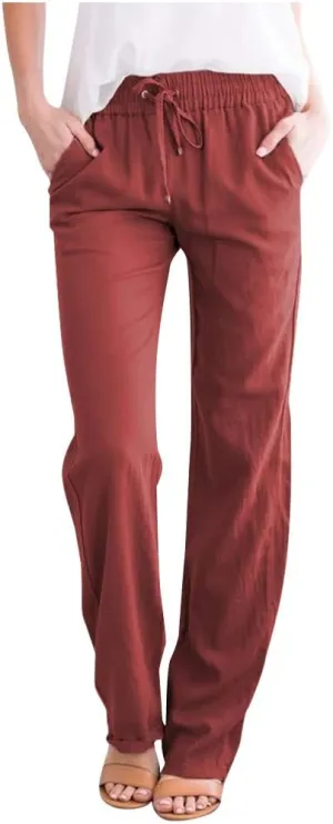 Summer Pants for Women Straight Leg Casual Trousers High Waisted Elastic Waist Breathable Travel Beach Lounge Pants