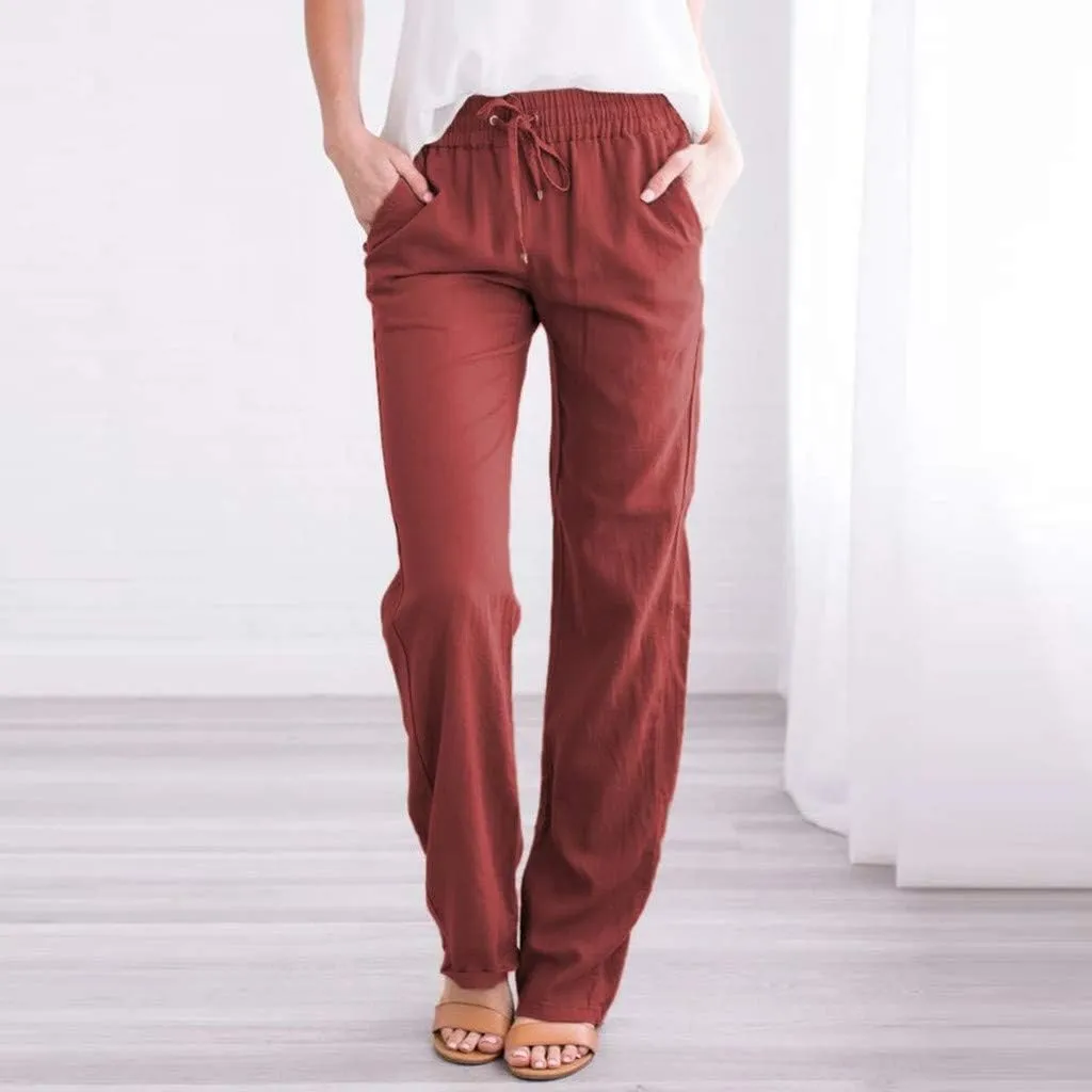 Summer Pants for Women Straight Leg Casual Trousers High Waisted Elastic Waist Breathable Travel Beach Lounge Pants
