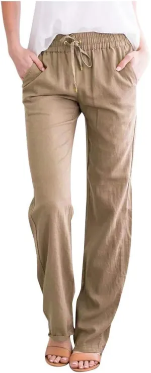 Summer Pants for Women Straight Leg Casual Trousers High Waisted Elastic Waist Breathable Travel Beach Lounge Pants
