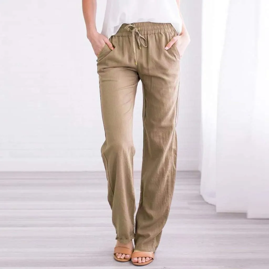 Summer Pants for Women Straight Leg Casual Trousers High Waisted Elastic Waist Breathable Travel Beach Lounge Pants