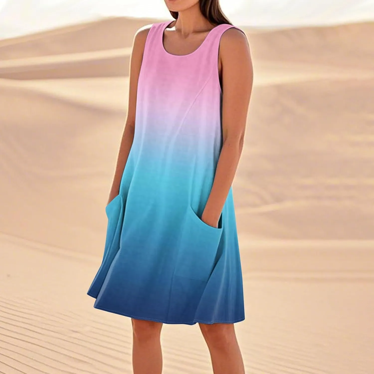 Summer Sleeveless Dresses for Women Loose Fit Beach Vacation Tank Dress Casual Flowy Midi Sundresses with Pockets