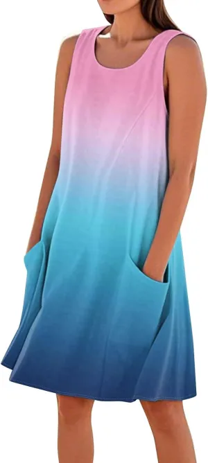 Summer Sleeveless Dresses for Women Loose Fit Beach Vacation Tank Dress Casual Flowy Midi Sundresses with Pockets