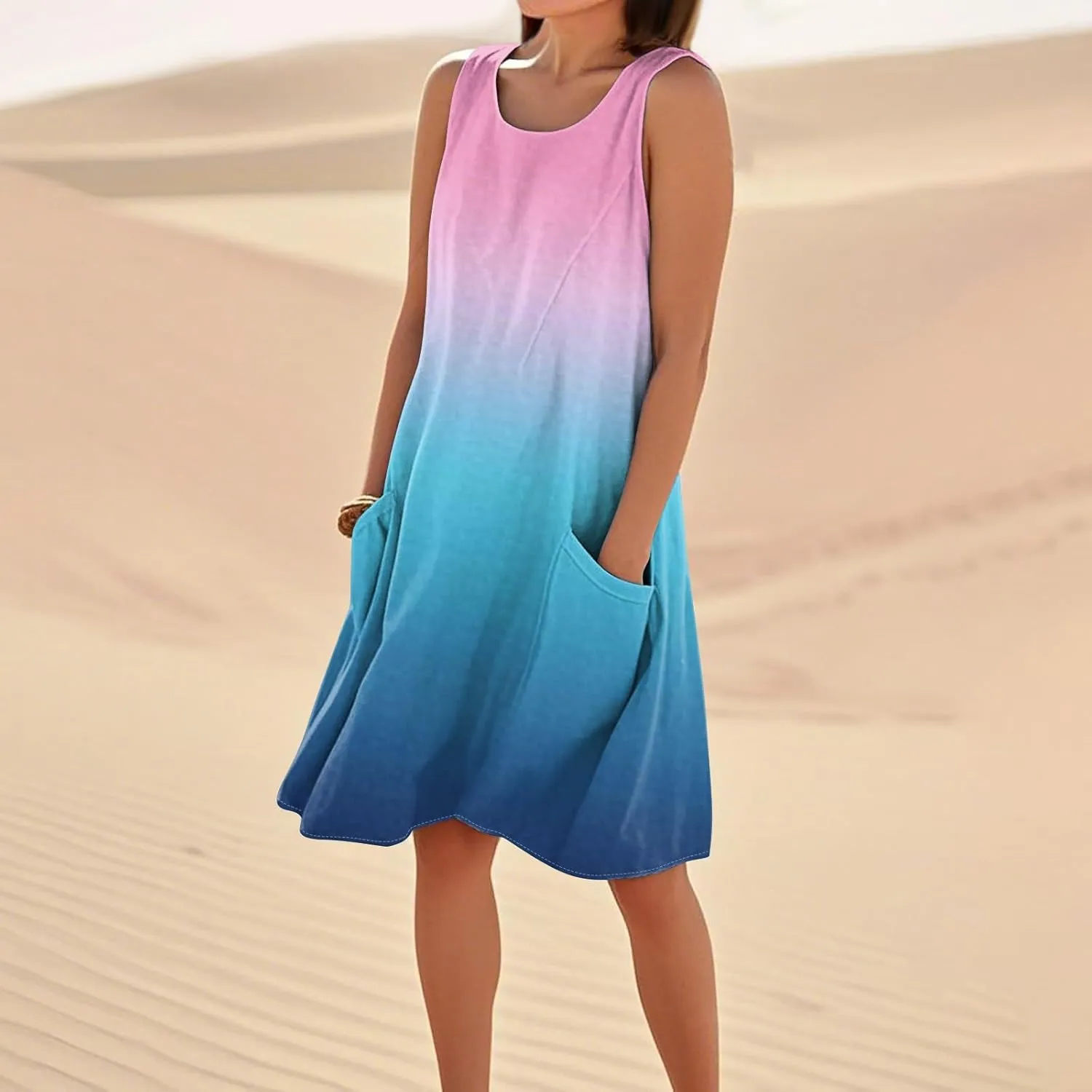 Summer Sleeveless Dresses for Women Loose Fit Beach Vacation Tank Dress Casual Flowy Midi Sundresses with Pockets
