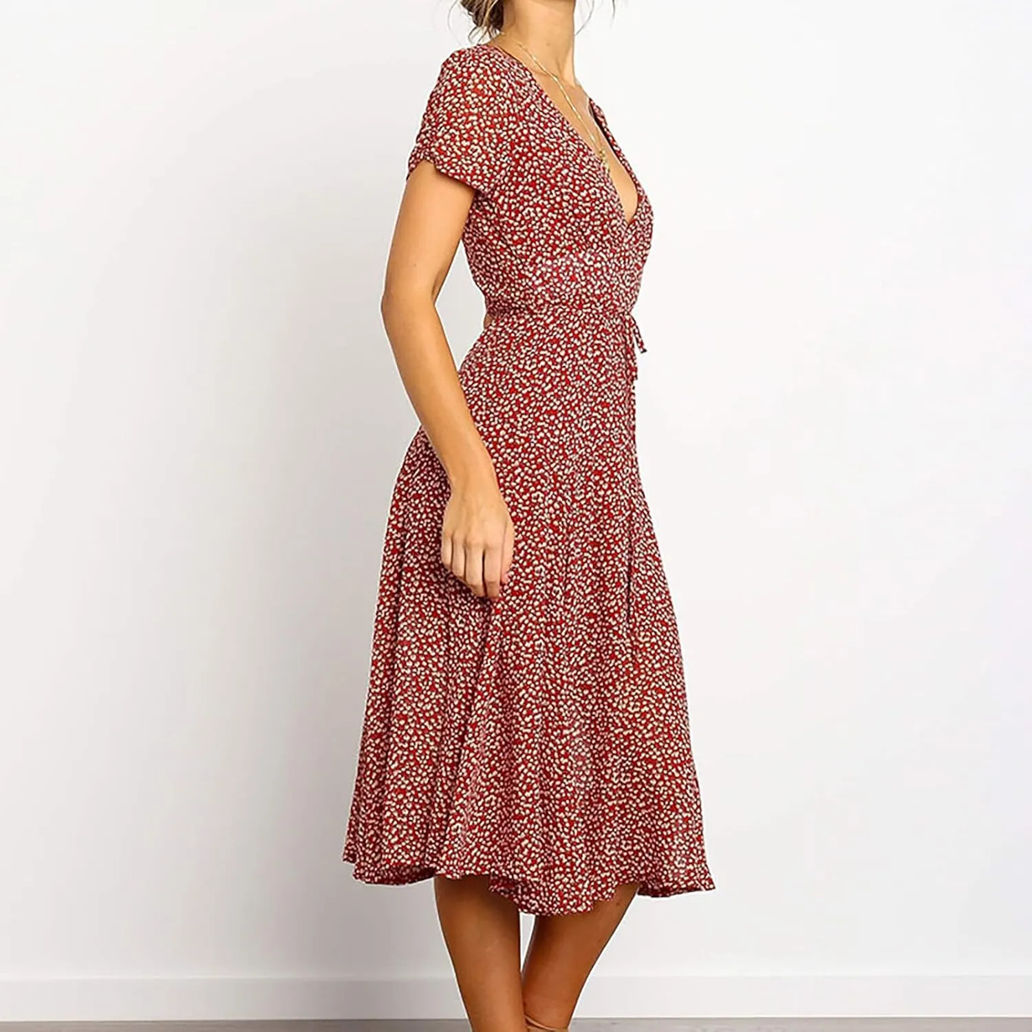 Sundresses for Women 2024 Summer Casual Floral Print Boho Midi Dress High Waisted Flowy V Neck Short Sleeve Long Dresses