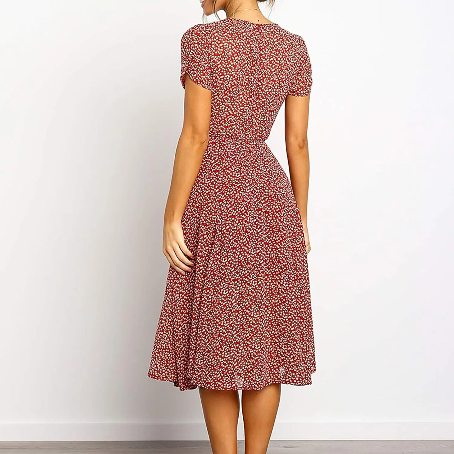 Sundresses for Women 2024 Summer Casual Floral Print Boho Midi Dress High Waisted Flowy V Neck Short Sleeve Long Dresses