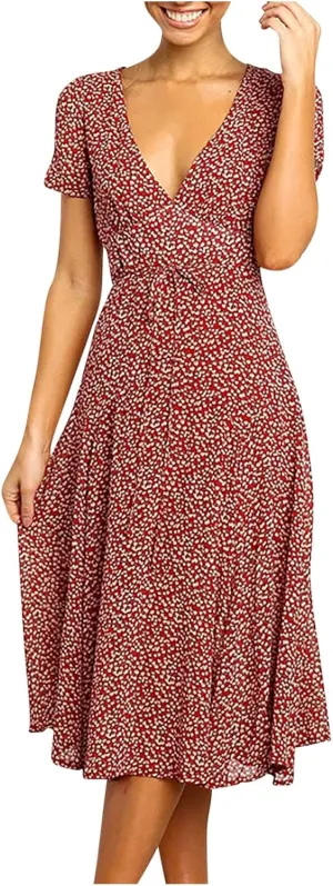 Sundresses for Women 2024 Summer Casual Floral Print Boho Midi Dress High Waisted Flowy V Neck Short Sleeve Long Dresses