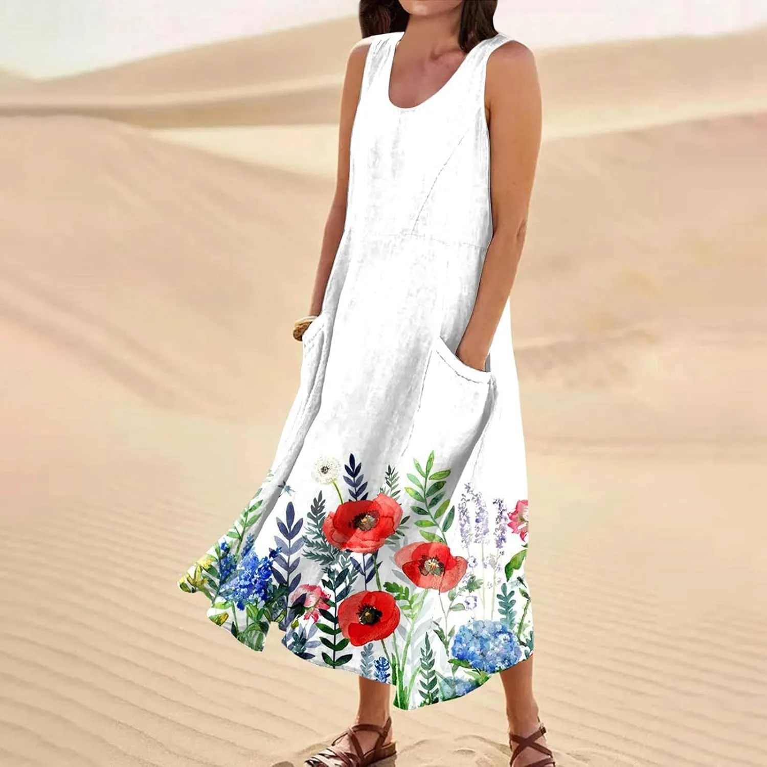 Sundresses for Womens Casual Sleeveless Cotton Linen Long Dress Flowy Beach Floral Print Dresses with Pockets