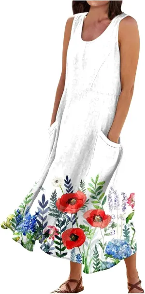 Sundresses for Womens Casual Sleeveless Cotton Linen Long Dress Flowy Beach Floral Print Dresses with Pockets