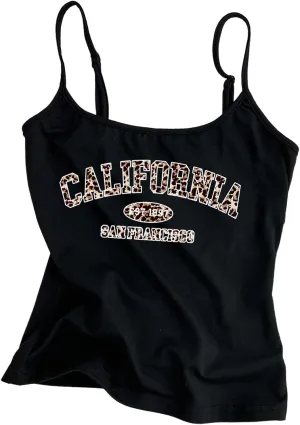 SweatyRocks Women's Leopard Letter Print Camisole Spaghetti Strap Fitted Sleeveless Tops